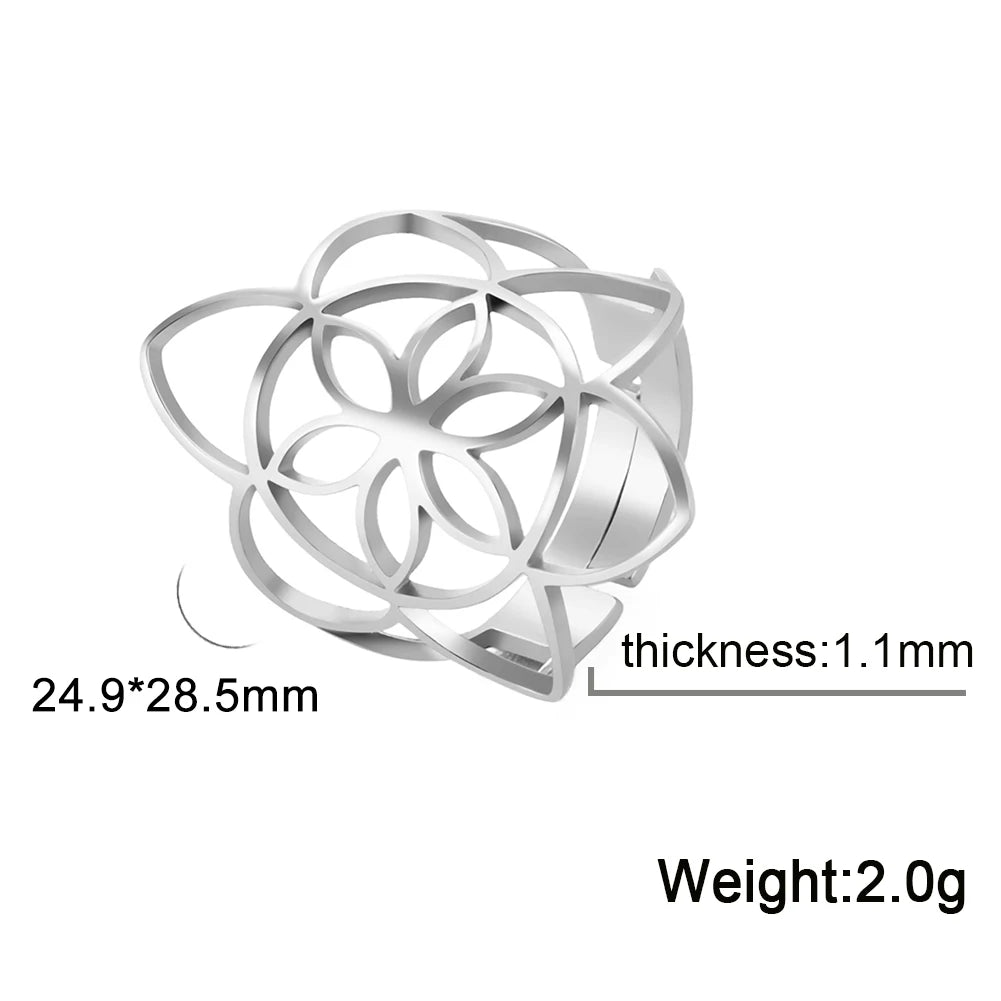 Unift Sacred Geometry Flower of Life Ring Adjustable Stainless Steel Ring Men Women Accessories Vintage Filigree Jewelry Gifts