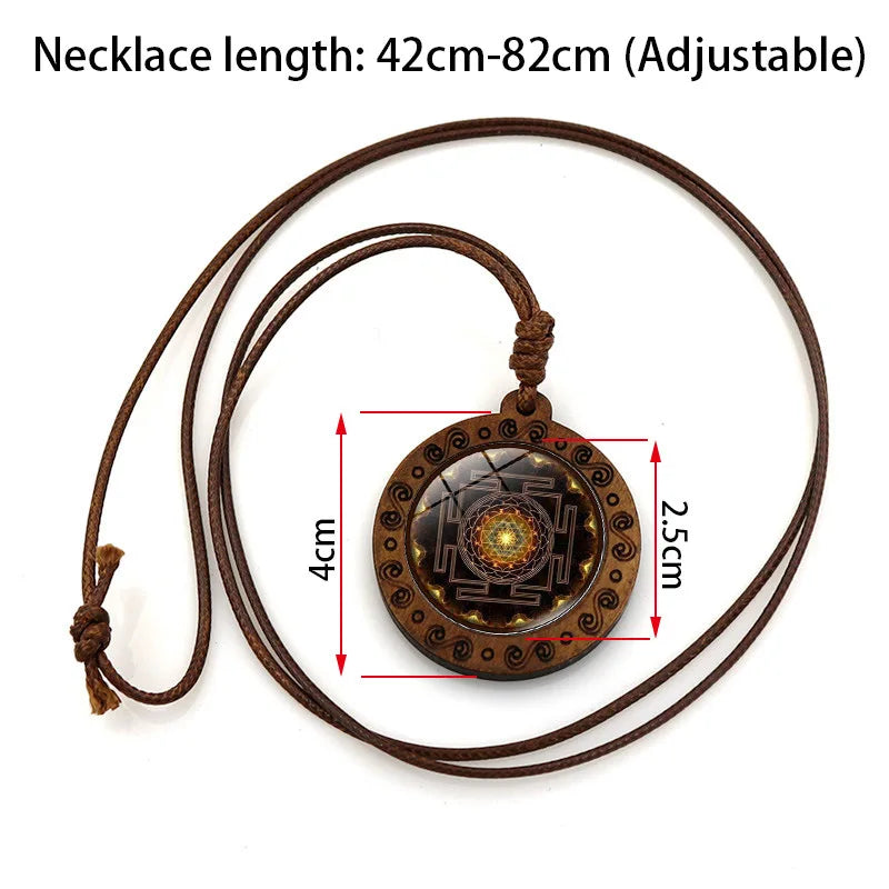 Vintage Archangel Metatron Cube Wooden Necklace Sacred Geometry Hexagram Sri Yantra Amulet Jewelry