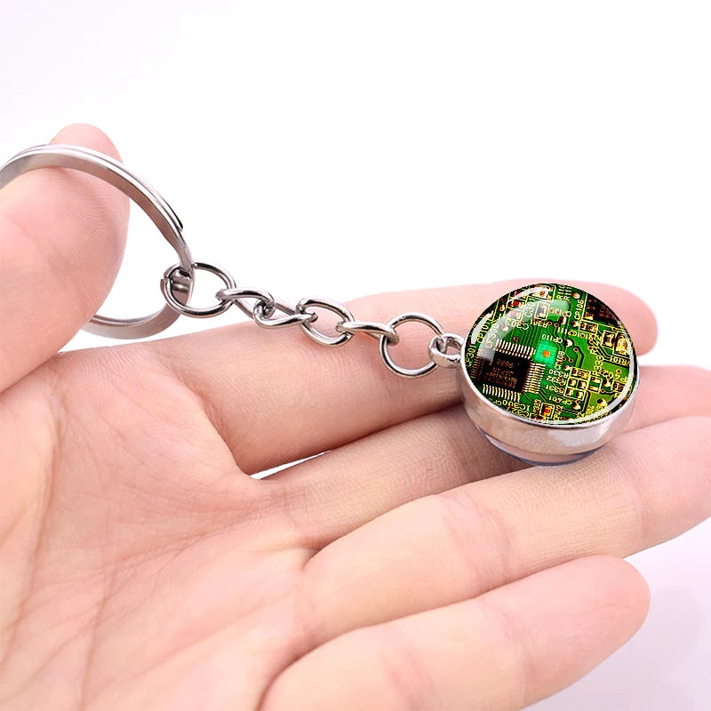Circuit Board Pattern Keychains Double Sided Glass Ball Pendant Key Chains Computer Geek Keyring Creative Fashion Jewelry Gifts