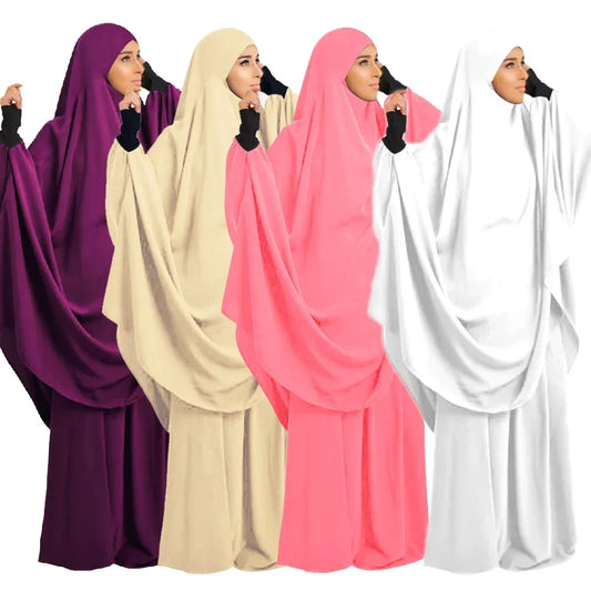2 Piece Ramadan Khimar Muslim Women Prayer Set Dress Full Cover Islamic Burka Hooded Arab Gowns Umrah Eid Abaya Worship Service