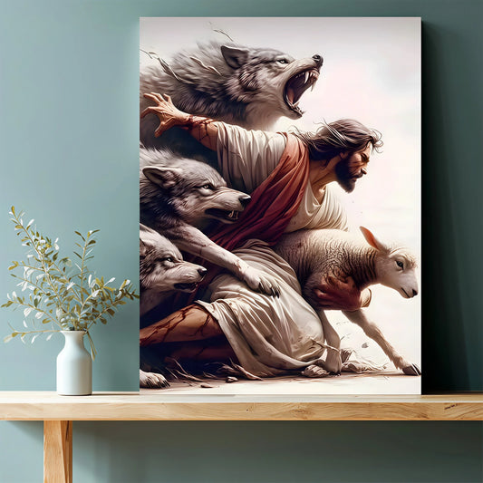 1pc, Protecting a Lamb from Wolves- Powerful Spiritual Protector Art framed canvas artwork for home and office decoration