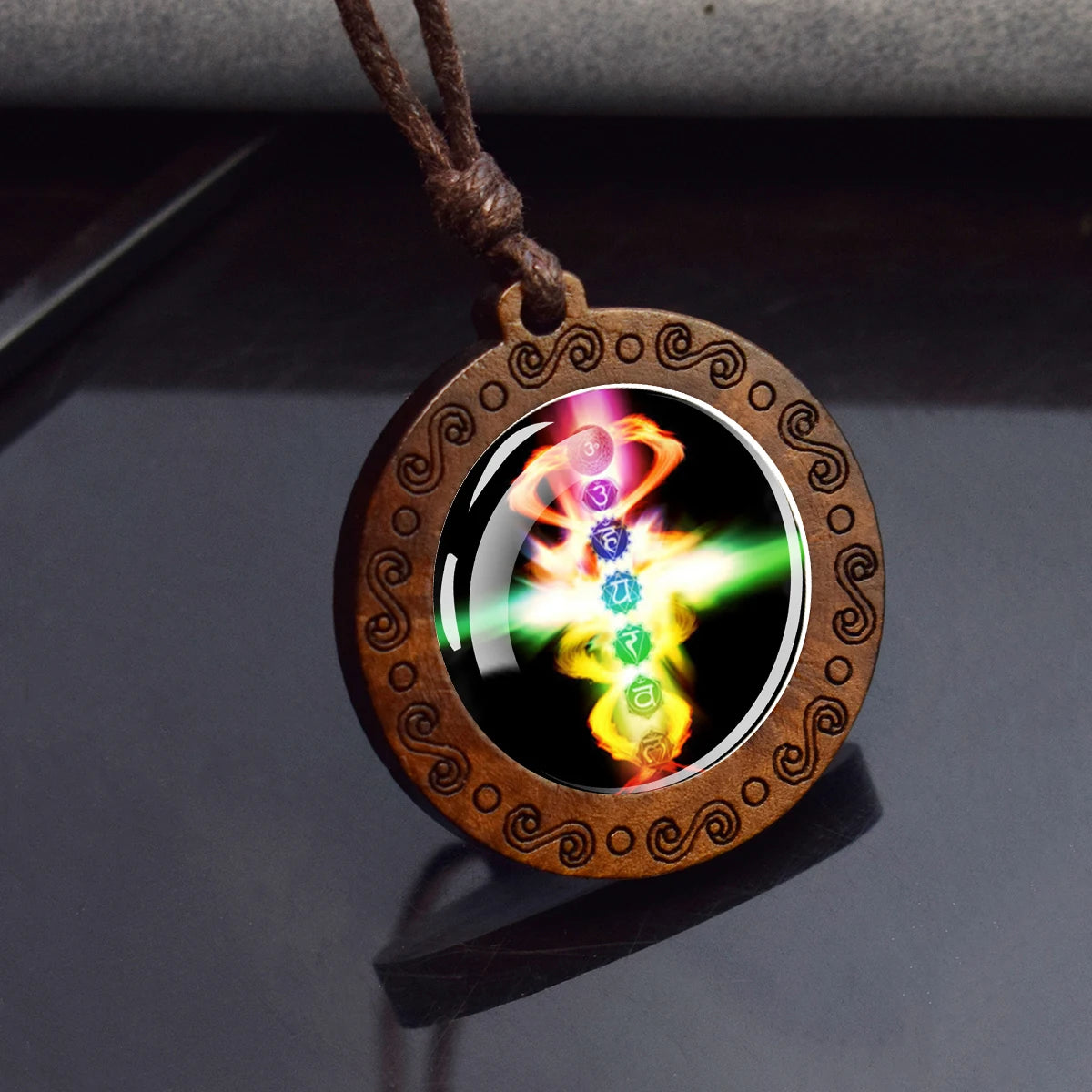 7Chakra Symbol Necklace Yoga Meditation Glass Dome Vintage Wooden Pendant Rope Chains Necklace Women Men Indian Buddhism Jewelry