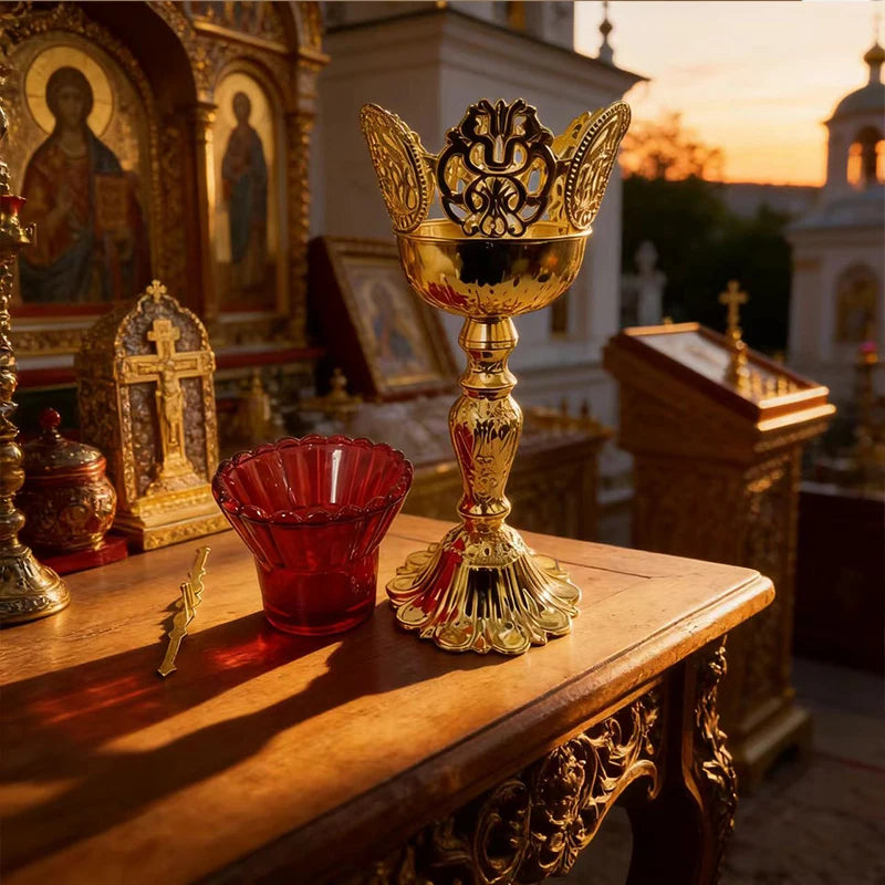 Luxury Gold Plated Orthodox Catholic Holy Communion Chalice Set with Filigree Carvings for Church Altar Decor Religious Devotion