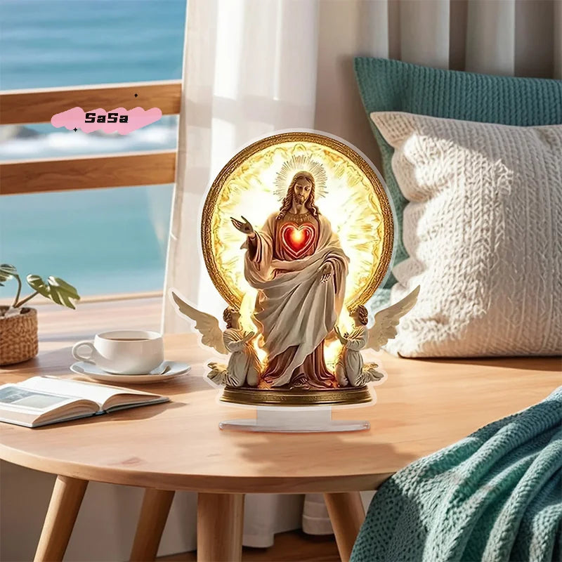 S-1Pc Sacred Heart Of Jesus Angel Acrylic Ornament - Traditional Religious Art Decor with Base for Home Desktop Display