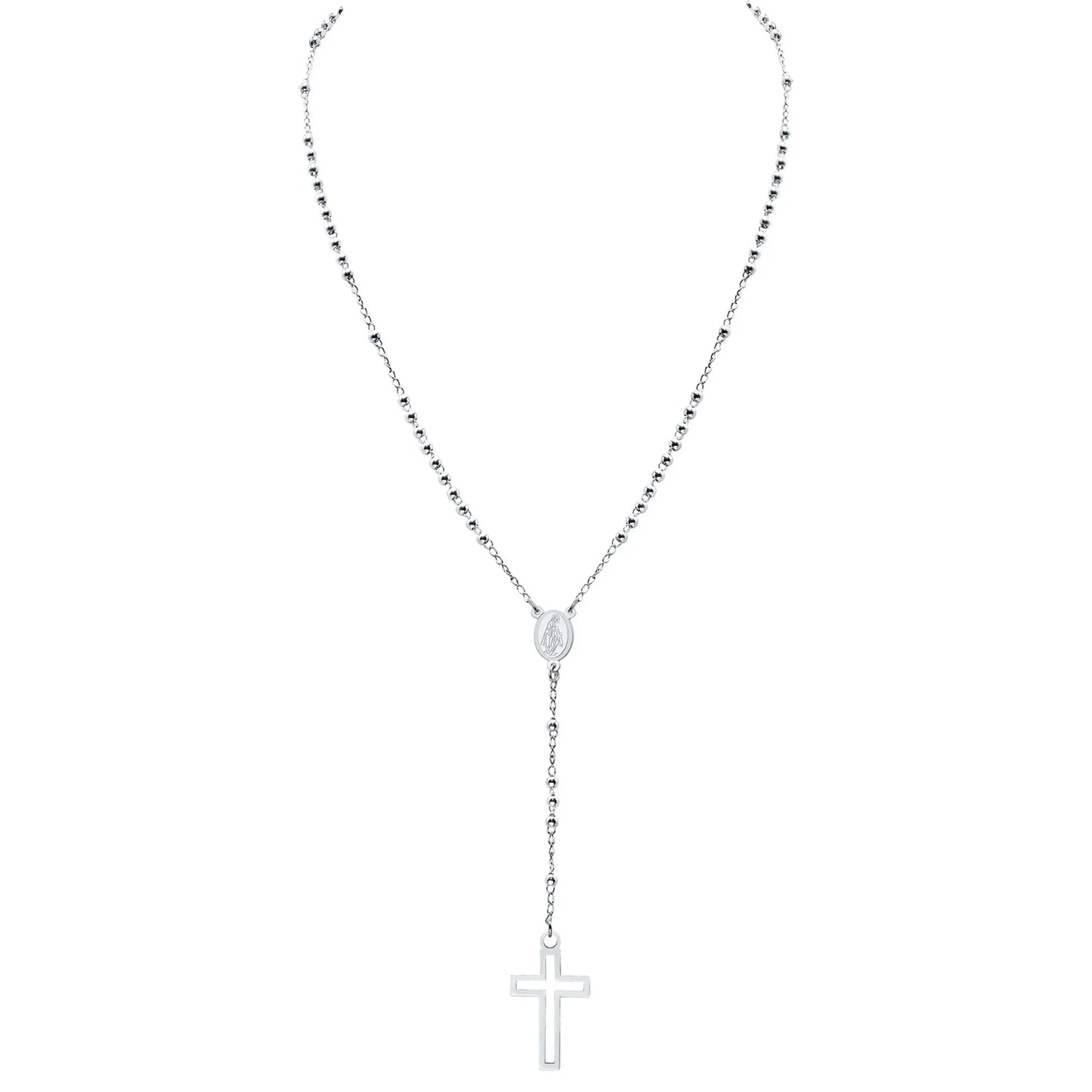 Women Cross Rosary Necklace, Maria with Cross Pendant, Black Gold Color Stainless Steel Christ Jesus Prayer Church Jewelry