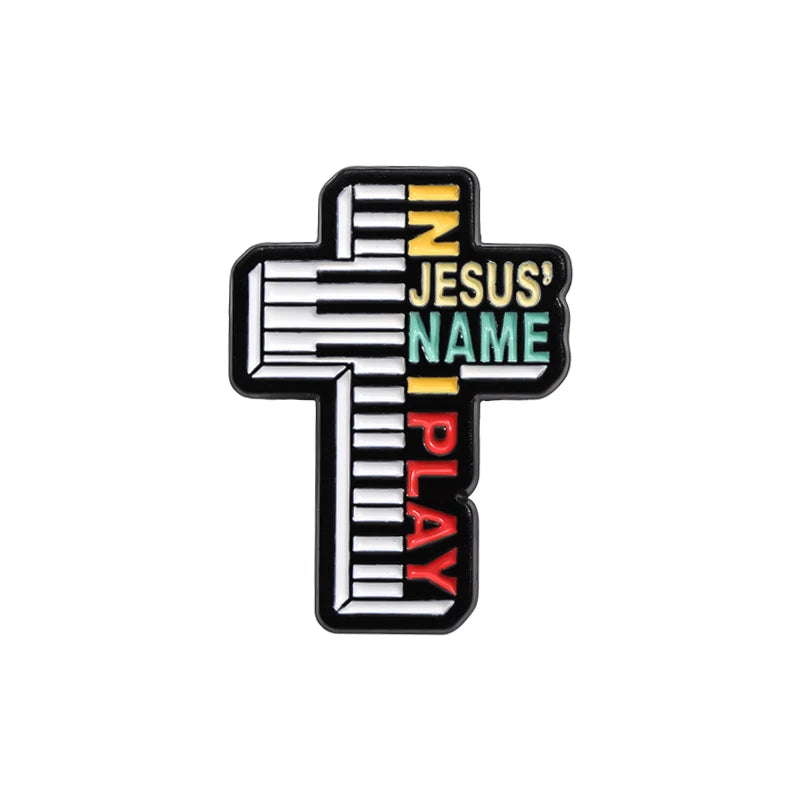 In Jesus Name I Play Enamel Pins Creative Cross Piano Christian Brooches Metal Lapel Badge Clothes Backpack Believers Jewelry