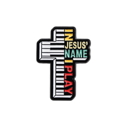In Jesus Name I Play Enamel Pins Creative Cross Piano Christian Brooches Metal Lapel Badge Clothes Backpack Believers Jewelry