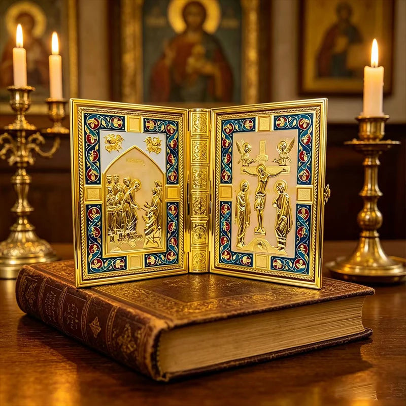 Vintage Gold Plated Orthodox Bible Cover with Enamel Holy Icons for Church Liturgy Home Altar Prayer Devotion Christian Gift Dec