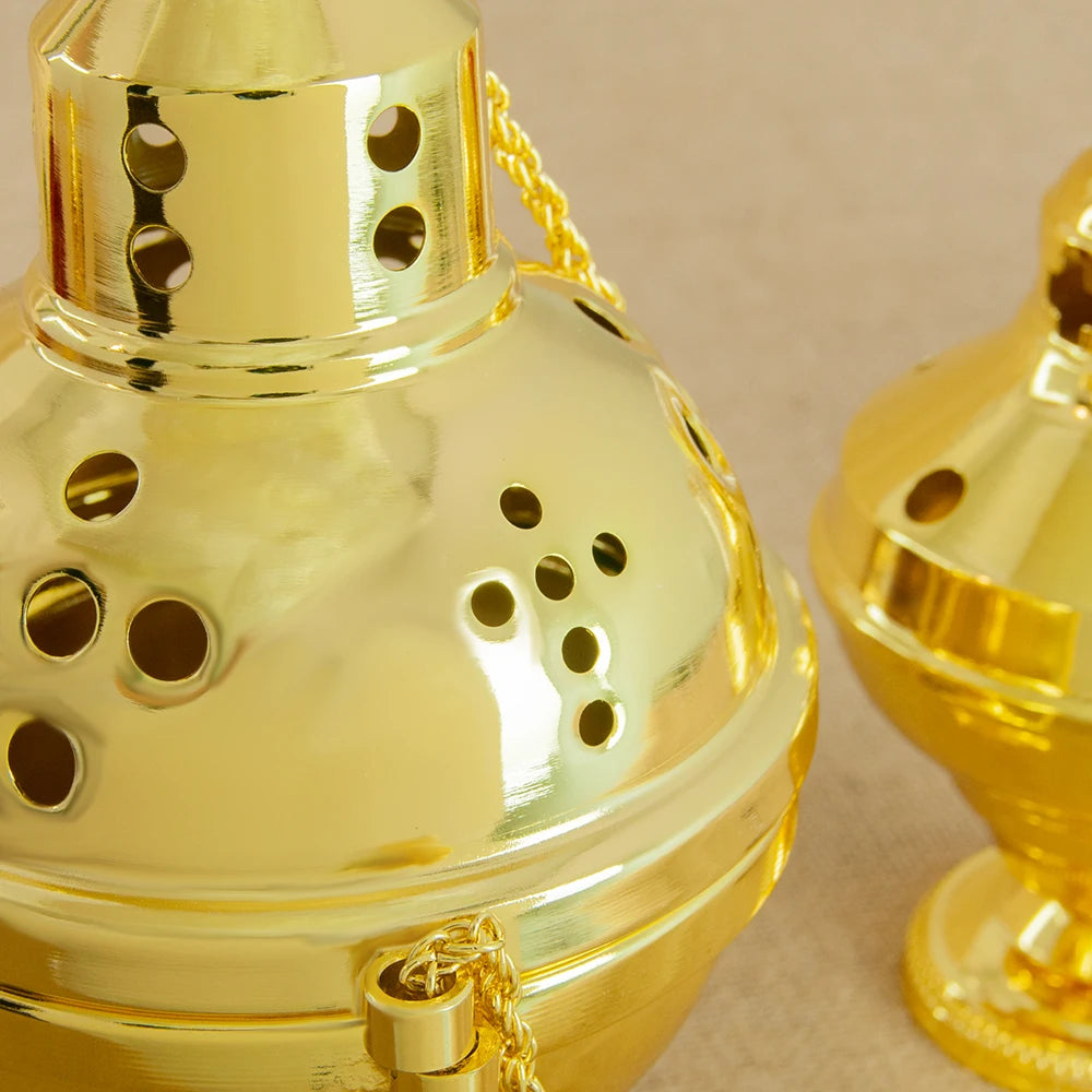 HTISOK Eastern Orthodox Church Censer with Bells Gold Plated Hanging Incense Burner Church Home Decoration Orthodox Censer