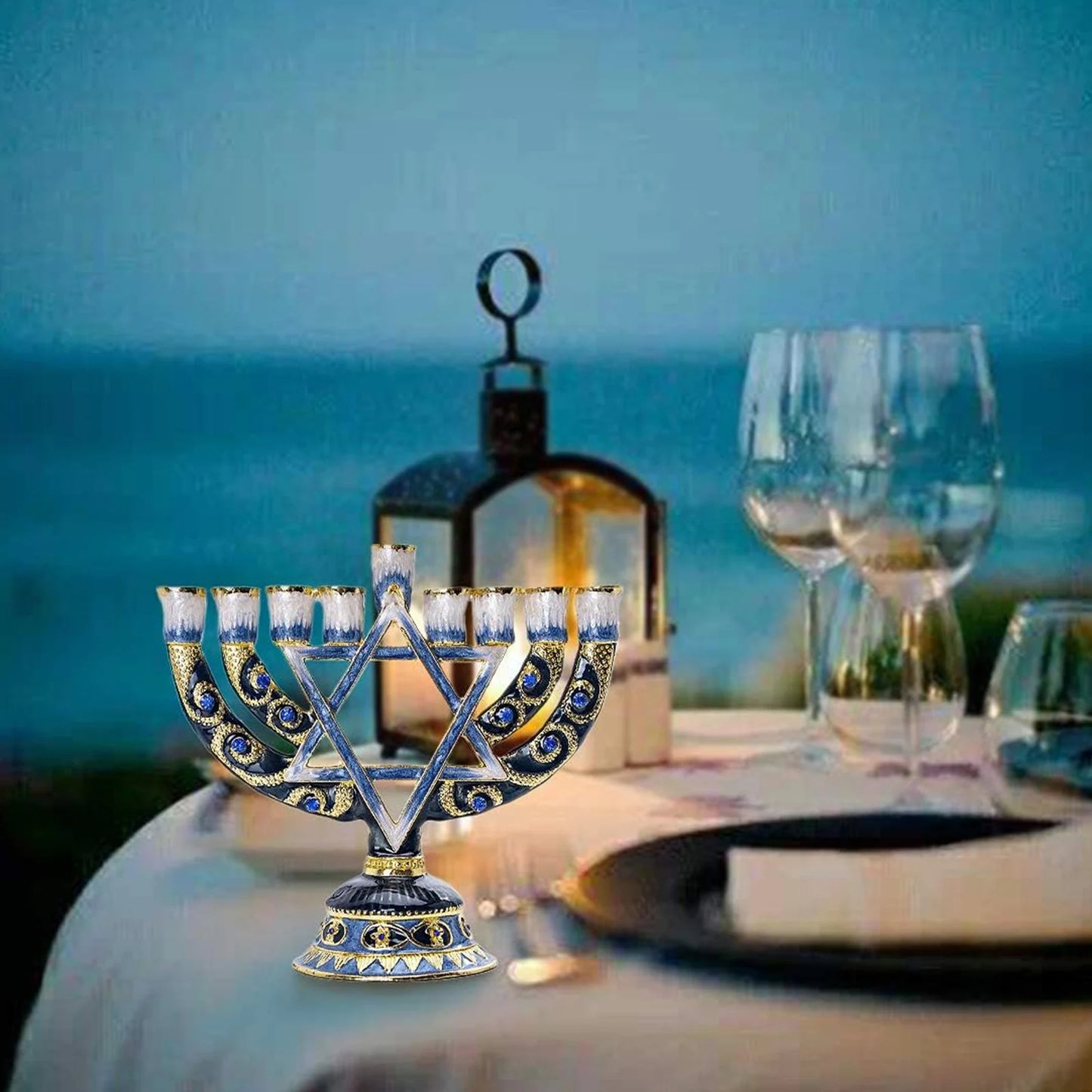 Blue Candlesticks for Hanukkah Menorah Candle Holder Candelabrum Candle Stand for Christmas Party Wedding Home Decor 9 Branch