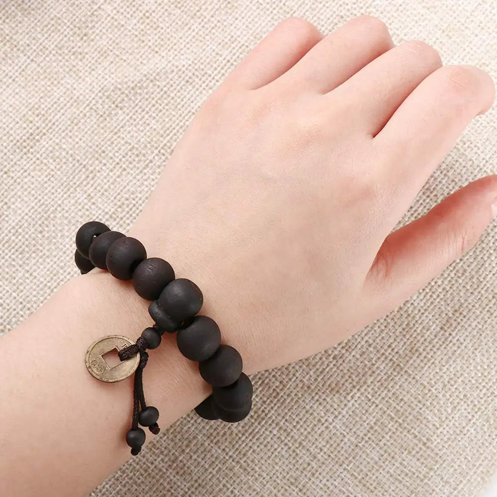 2023 New Religion Buddhist Women Men Prayer Beads Wood Bead Bangle Copper Coin Buddha Bracelet  Accessories