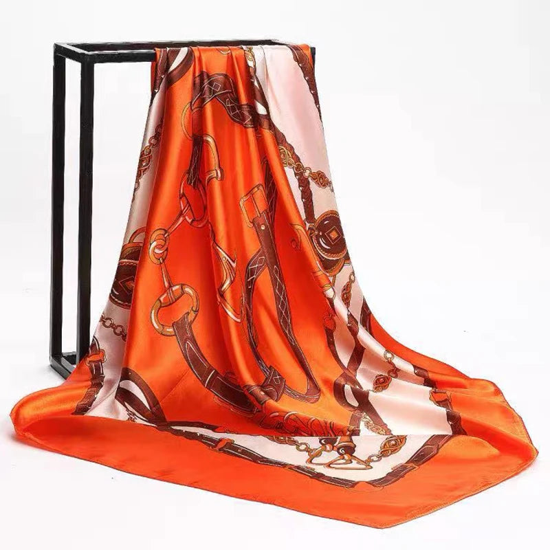 90*90cm Women Square Silk Scarf Luxury Brand Large Shawl Neckerchief Print Headband Female Foulard Bandana Wraps Hijab Scarves