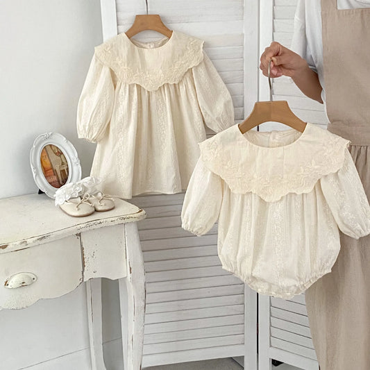 2026 Spring Princess Infant Baby Girl Bodysuit Sisters Dress Flower Embroidery Dress For Infant Sibling Girls Toddler Outfit