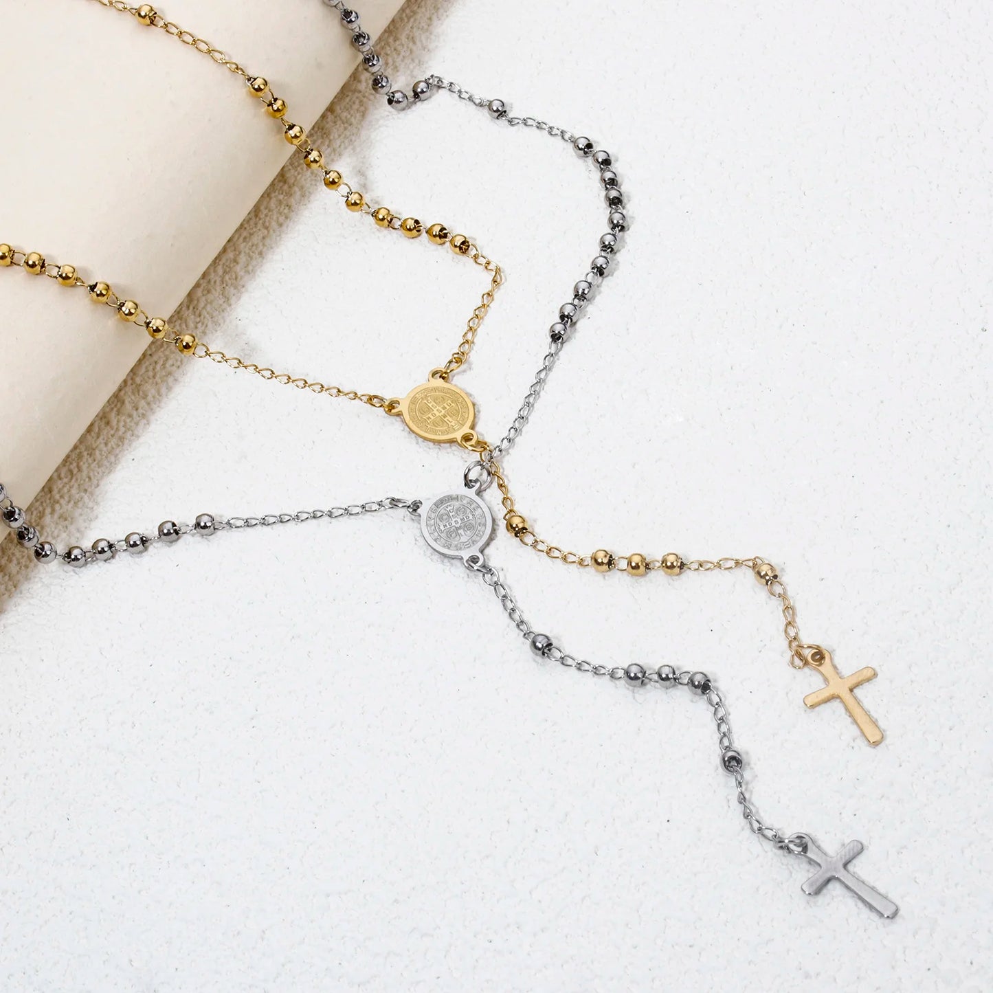 1 Piece Religious 304 Stainless Steel Prayer Beads Rosary Necklace Cross Pendant For Women Jewelry Gifts 52cm(20.5") long