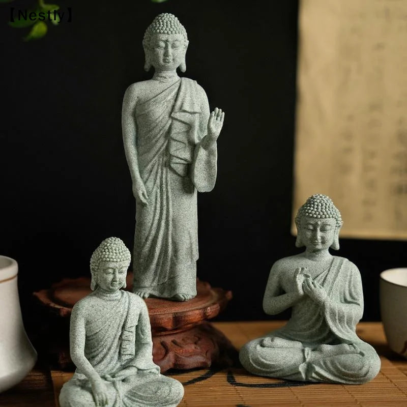 1Pcs Mini Buddhism Figurine Desk Decor Zen Statue Green Sandstone Thailand Ornament Buddha Garden Statue Fish Tank Decor〔Nest〕