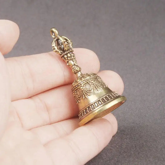 〔R〕Brass Tibetan Bell Pendant – Vintage Vajra Handle Buddhist Bell Charm for Meditation & Decor
