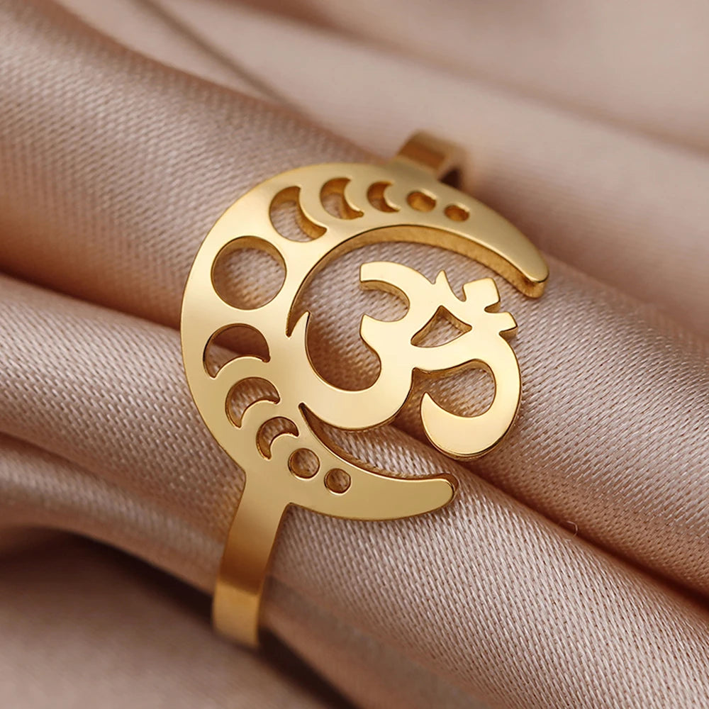 Dawapara Buddhism Spiritual OM Ohm Symbol Adjustable Ring Spiral Sacred Geometry Finger Ring Stainless Steel Jewelry