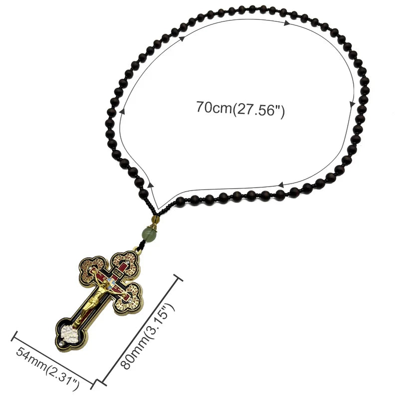 HTISOK Orthodox Crucifix Gold Cross Necklace Wooden Rosary Beaded Chain Religious Jesus Prayer Jewelry
