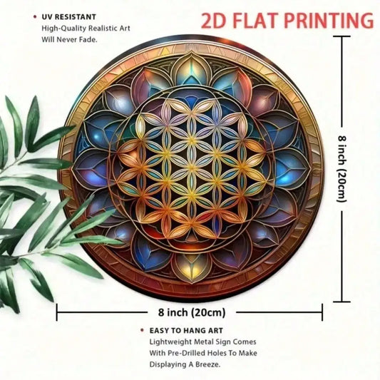 Sacred Geometry Flower of Life Wall Art 8-Inch Iron Mandala Hanging Decor for Door Indoor Vibrant Multicolor