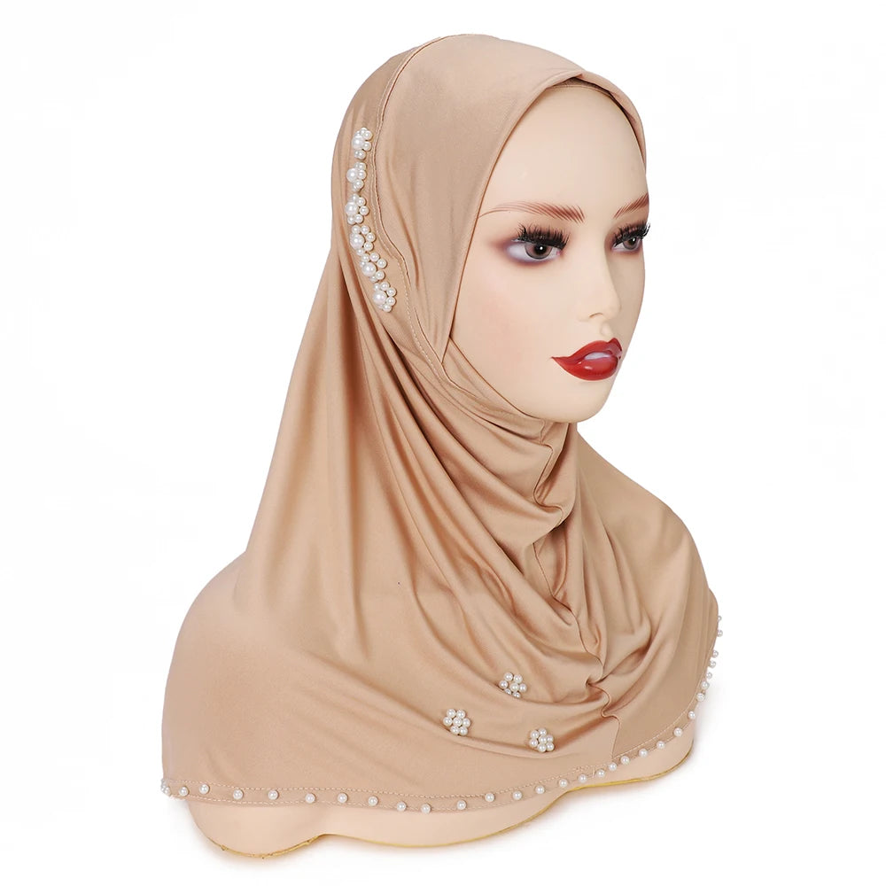 Trendy Muslim Instant Hijab Beads Bonnet Stretch Scarf Islamic Headband Jersey Hijab Headwrap Turbante for Women