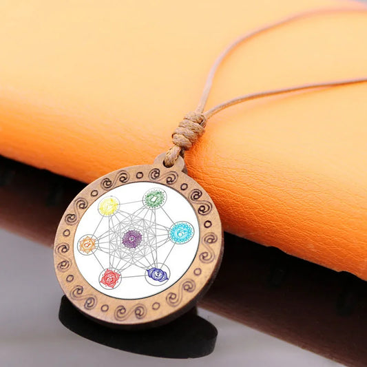 Vintage Archangel Metatron Cube Wooden Necklace Sacred Geometry Hexagram Sri Yantra Amulet Jewelry