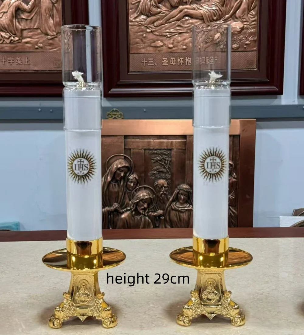 Catholic Oil Lamp Candle Stick With Windshield And Base With Gold Gilded Religious Symbol For Home Altar Church Supplies