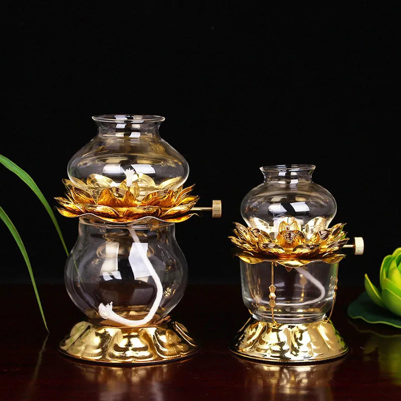 Golden Oil Lamp For Buddhist With Glass Windproof Cover Religious Items Home Alter Prayer Buddha Decoration