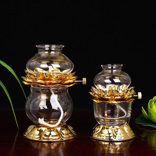 Golden Oil Lamp For Buddhist With Glass Windproof Cover Religious Items Home Alter Prayer Buddha Decoration