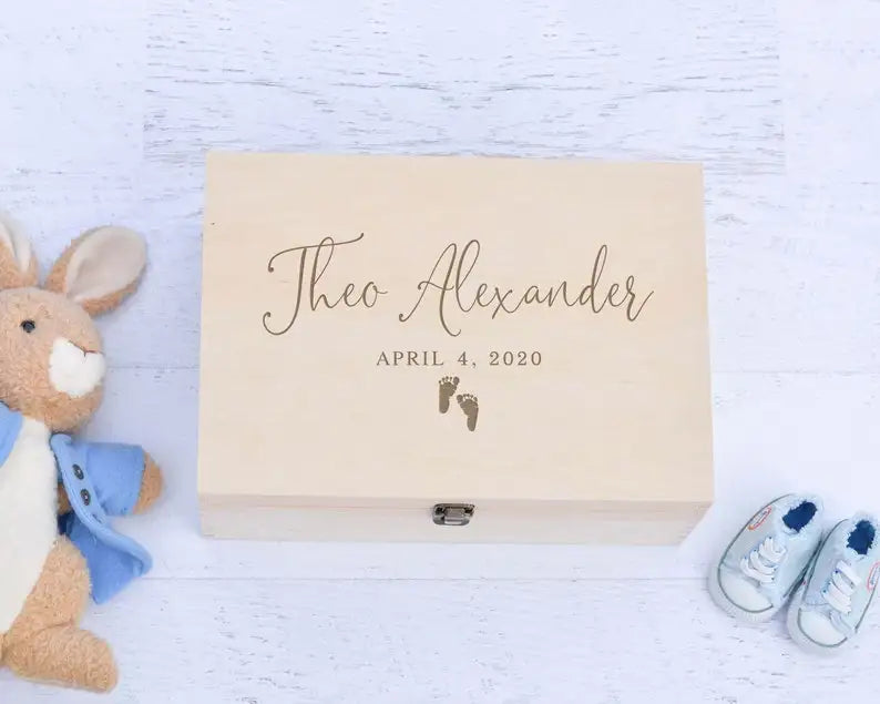 Personalized Wooden Baptism Keepsake Box ,Baptism Gifts For Baby Girl Or Baby Boy, Engraved Memory Box That Pattern With Wreath