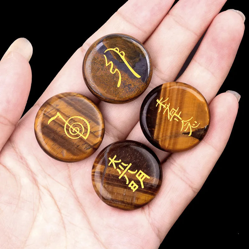 4Pcs Natural Lapis Lazuli Stones Engraved Chakra Symbols Polished Palm Stones for Reiki Crystal Healing Balancing