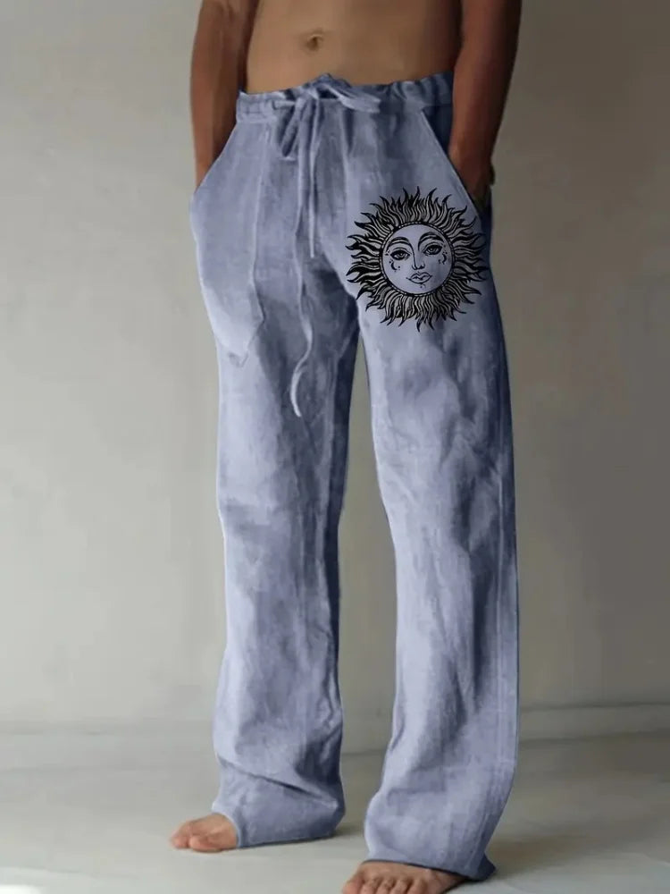 Retro Compass Printed Men's Casual Pants Harajuku Street Trendy Men's Straight Leg Pants Casual High Waisted Drawstring Pants