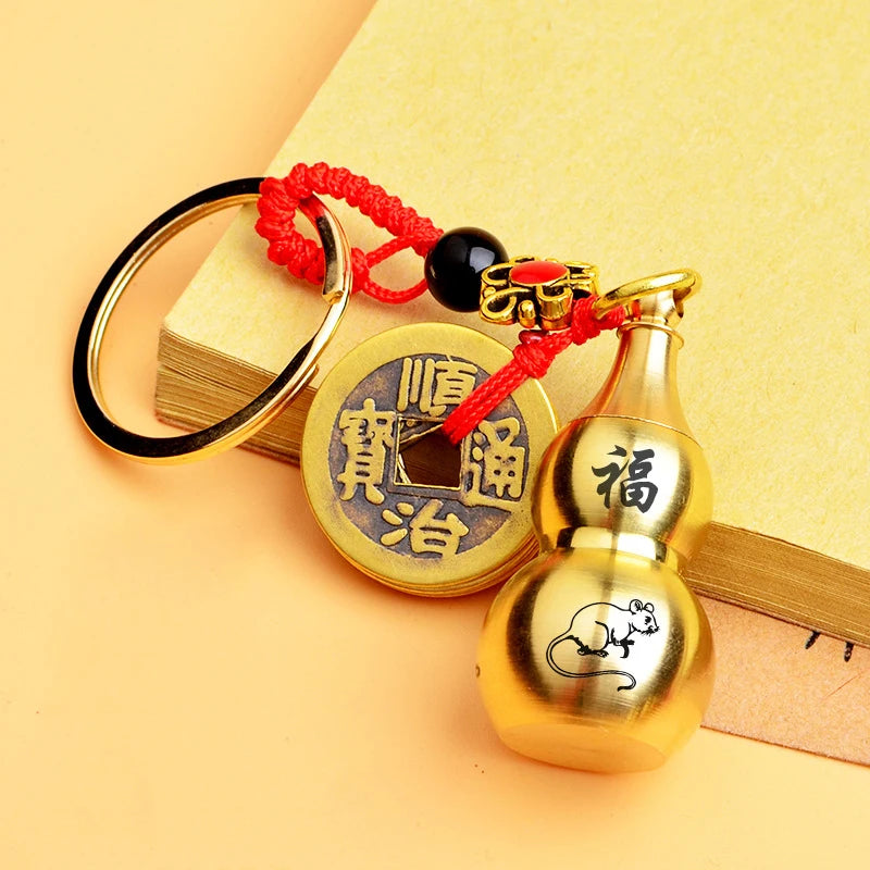 New Red Rope Five Emperor Money Large Hollow Gourd Key Chain Twelve Zodiac Large Gourd Cover Brass Key Ring Wholesale