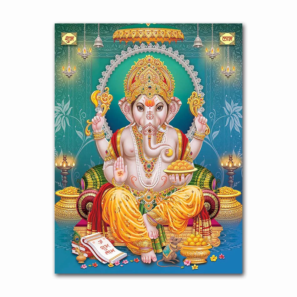 India Hindu Golden Ganesha Temple Poster Shiva Parvati Painting Canvas Prints Elephant God Religion Picture Room Hoom Wall Decor