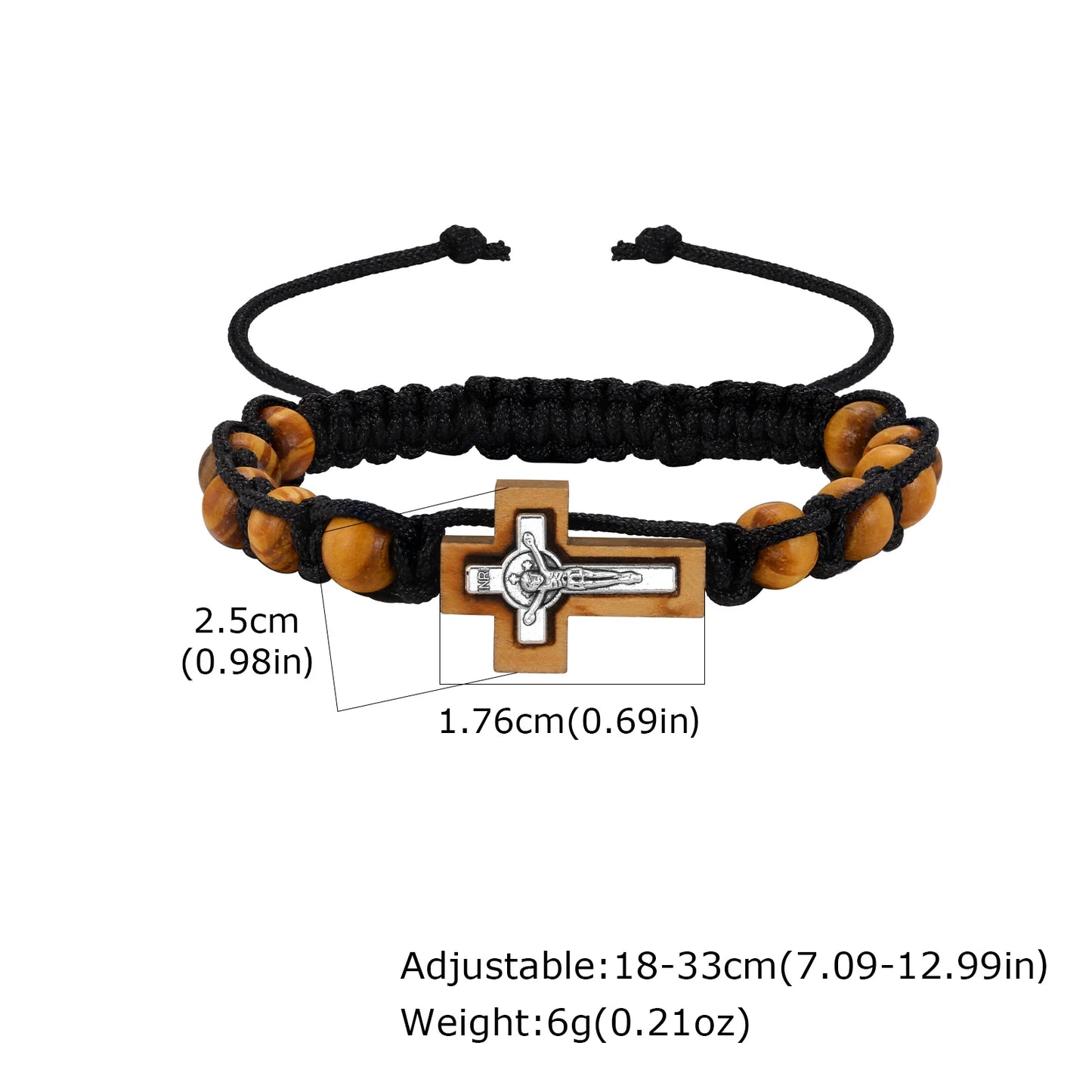 Crucifix Cross Beaded Bracelets for Men, Brown Wooden Bead Adjustable Woven Rosary Wristband,Religous Jewelry