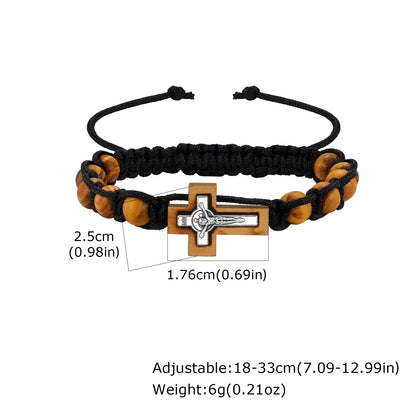 Crucifix Cross Beaded Bracelets for Men, Brown Wooden Bead Adjustable Woven Rosary Wristband,Religous Jewelry
