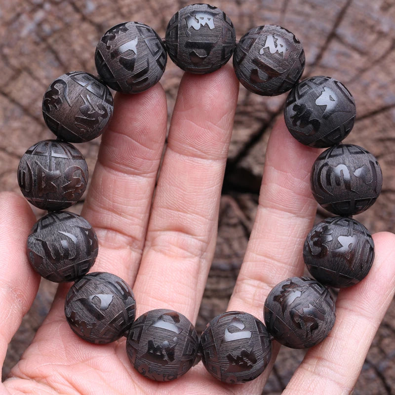 Authentic Natural Ebony Tibetan Six-Character Mantra Tibetan Prayer Wheel Bracelet 15mm Unisex Bracelet