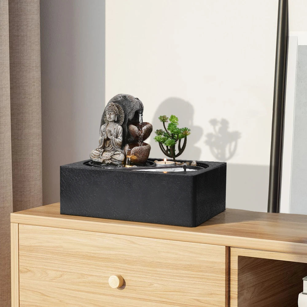 Buddha Zen Table Fountain with LED Light Indoor Buddha Statue Fountain Landscape Succulent Plants Home Decoration