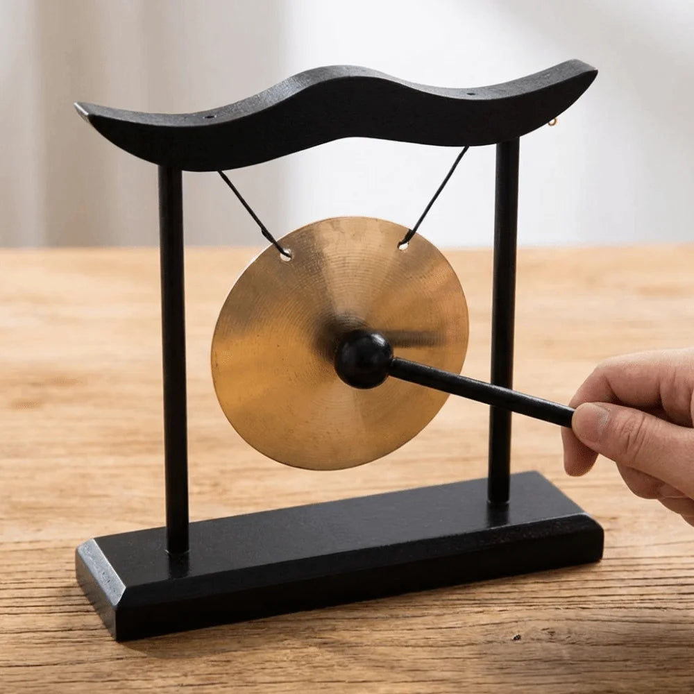 Retro Relaxation Desktop Gong Fortune Creative Copper Bell High Volume Wood Frame Feng Shui Metal Cymbals House Warming