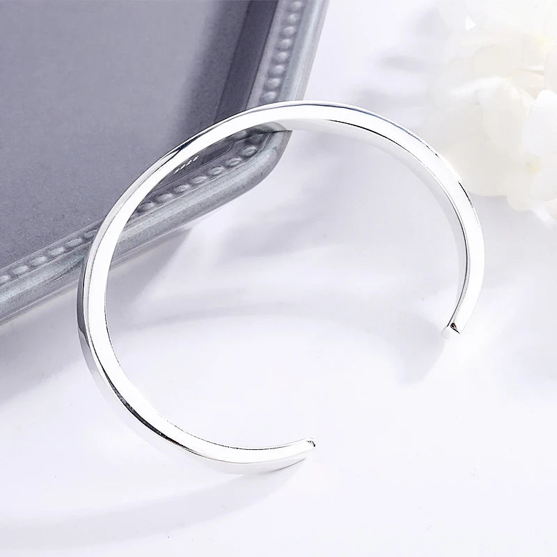 Sole Memory Simple Smooth Shiny 925 Sterling Silver Resizable Opening Bracelet For Women Luxury Jewelry Gift BR349