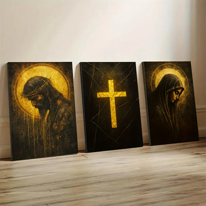 3pcs Religious Canvas Wall Art Set Jesus and Virgin Mary with Golden Cross Design Home Office  Church Decor Indoor Mural Decor
