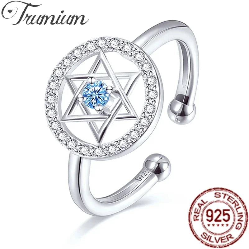 Trumium Jewish Star of David Rings for Women 925 Sterling Silver Blue Zirconia Open Finger Ring Protection Amulet Jewelry Gifts