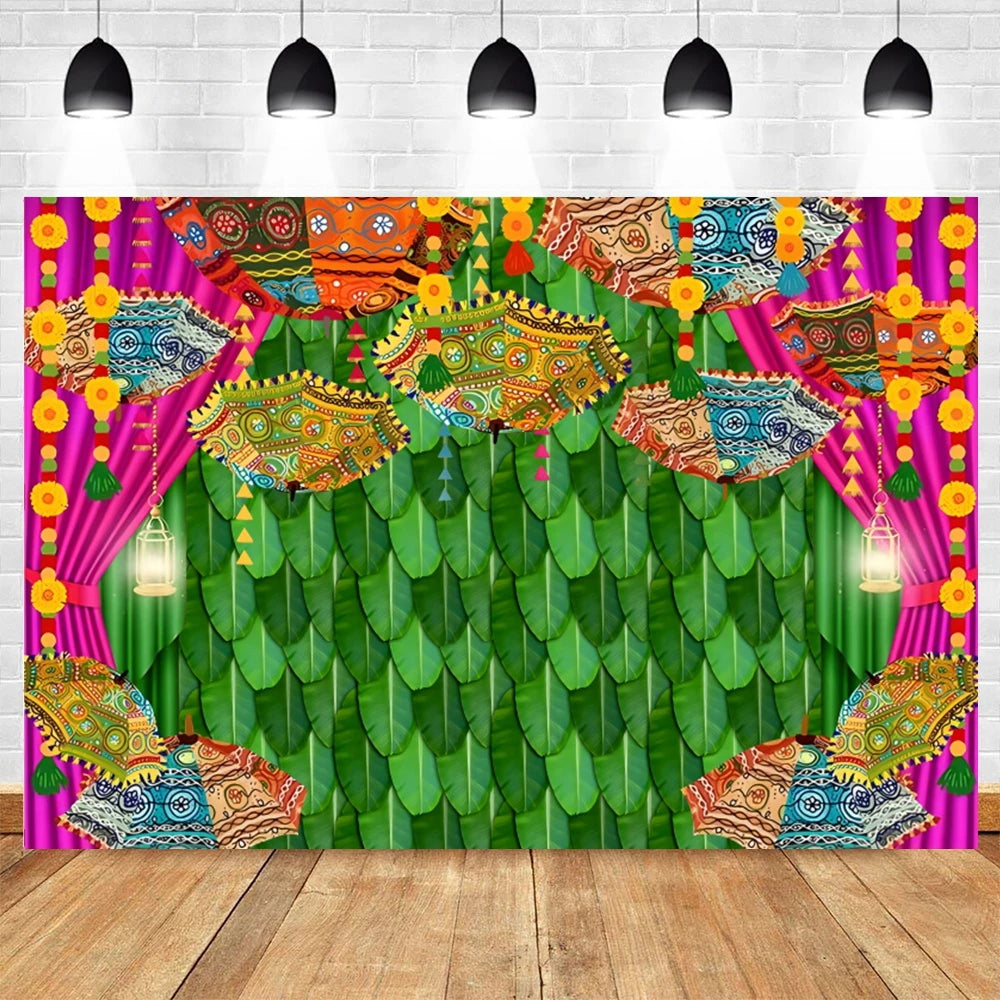 Indian Traditional Photography Background Marigold Green Leaf Hindu Indian Wedding Holi Flowers Garland Anniversary Backdrops