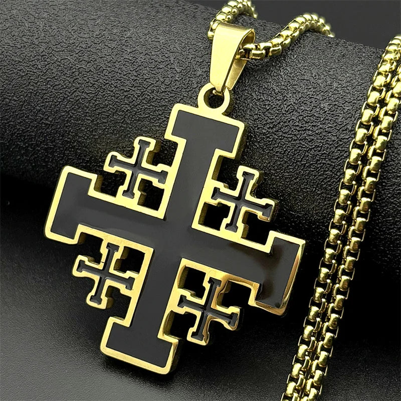 Christian Jerusalem Cross Pendant Necklace for Men Women Stainless Steel Bible Verse Lord's Prayer Chain Jewelry collar N3239S02