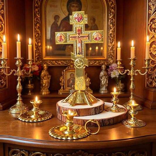 Vintage Gold Plated Orthodox Standing Cross with Holy Icons and Base for Church Liturgy Home Altar Prayer Christian Gift Decor