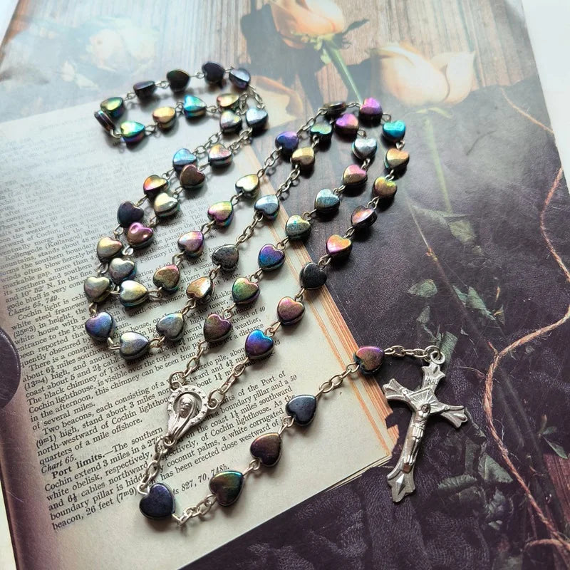 QIGO Vintage Rosary Necklace Acrylic Heart Beads Strand Long Cross Pendant Religious Prayer Jewelry