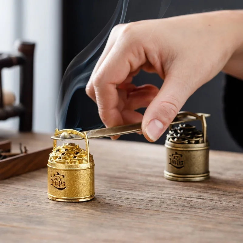 Mini Bucket Shaped Incense Burner Lucky Wealth Desktop Ornament for Home Meditation Aroma Gold Ingot Fortune