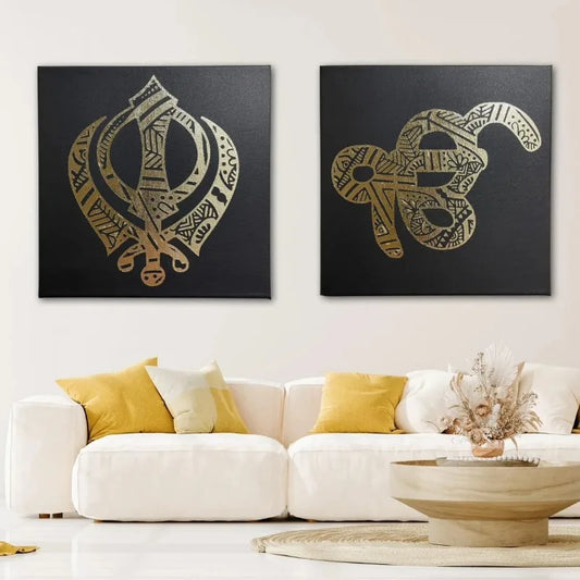 Handmade Sikh Khanda and Ek Onkar Mandala Metal Wall Art Set of Two Spiritual Home Decor for Gurudwara Yoga Studios Sikhism Gift