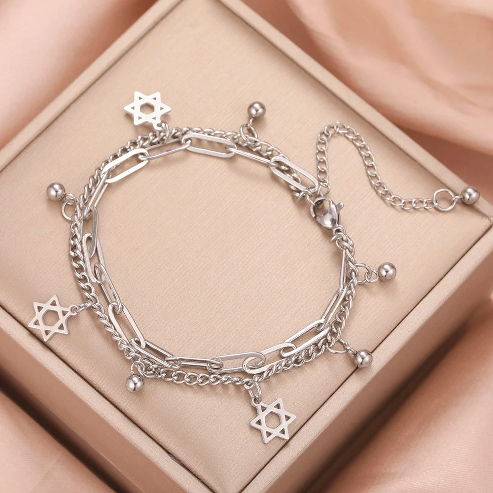 Dawapara Star of David Bracelet Jewish Prayer Judaica Hexagram Charm Protection Amulet Couple Gift Stainless Steel Jewelry