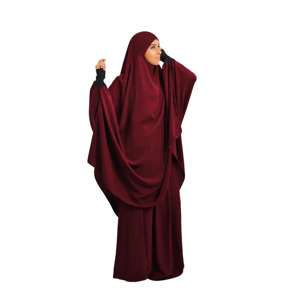 2 Piece Ramadan Khimar Muslim Women Prayer Set Dress Full Cover Islamic Burka Hooded Arab Gowns Umrah Eid Abaya Worship Service