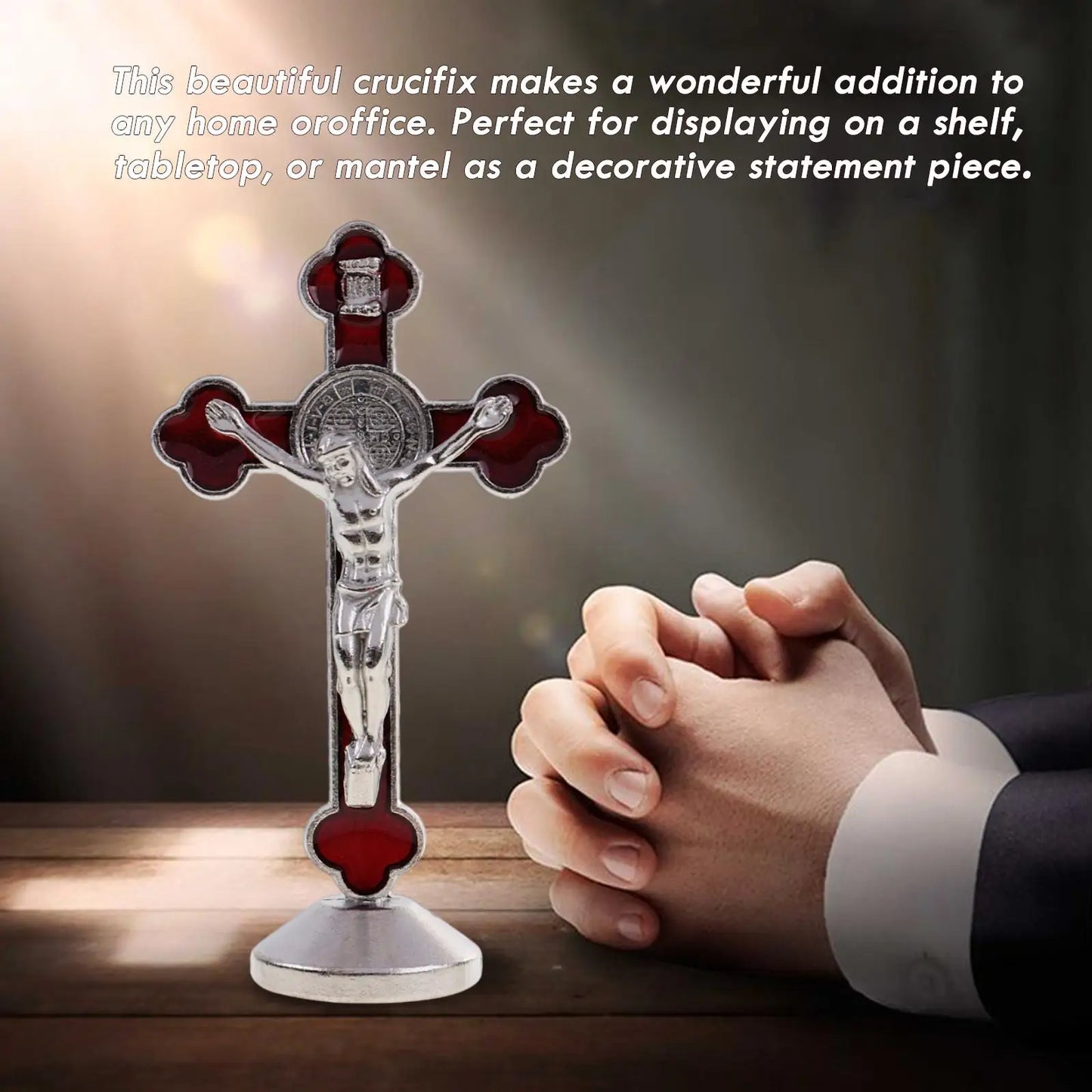 Catholic Crucifix Statue St Benedict Standing Alloy Cross Sculpture for Religious Items Home Decor